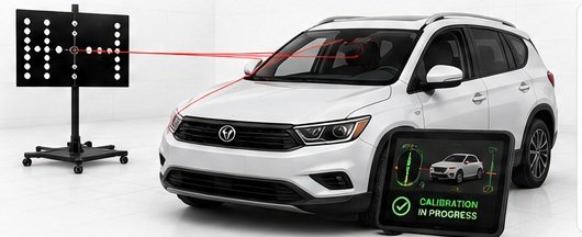 ADAS vehicle camera recalibration setup showing calibration target, vehicle camera alignment and scan tool